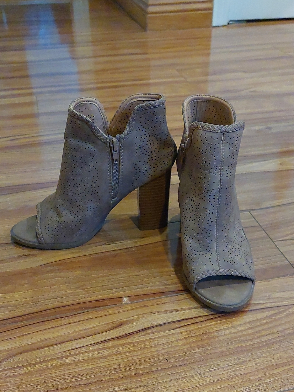 Report Taupe Perforated Open-Toe Heeled Ankle Boots